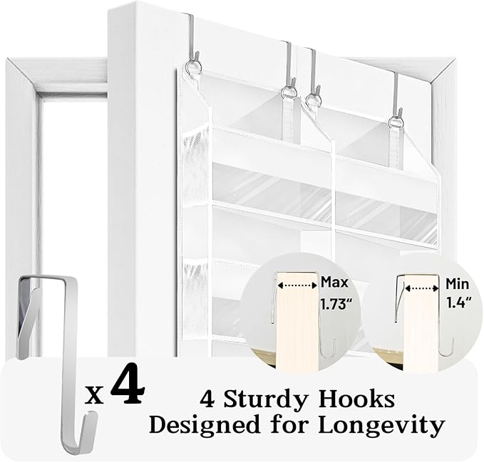 Over The Door Organizer 5 Tiers, Extra Large Behind Door Storage of 10 Compartments, 80 lbs Weight Capacity Hanging Storage Organizer with Clear Window Kids Toys, Shoes,Diapers, Room Storage, White