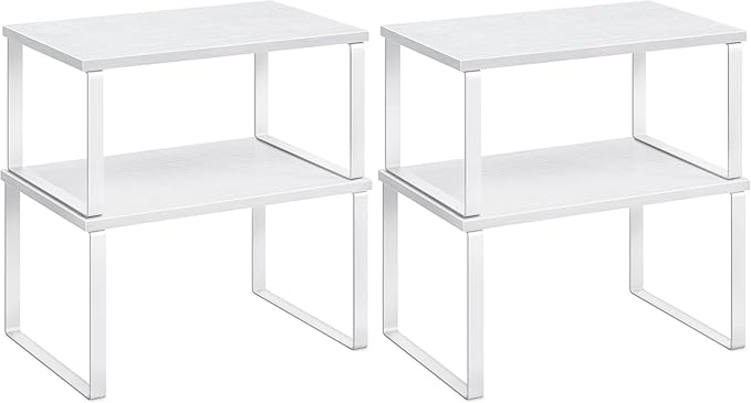 SONGMICS Cabinet Organizer Shelf, Set of 2 Kitchen Counter Shelves, Kitchen Storage, Spice Rack, Stackable, Expandable, Metal and Engineered Wood, Cloud White and Snow White UKCS02W01 (Pack of 2)
