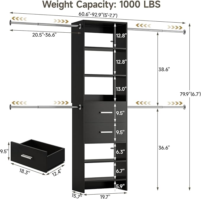 W2 Closet System with 2 Drawers, 3.5FT-7.7FT Closet Organizer System with 4 Chrome-Plated Telescopic Rods & 5 Adjustable Shelves, Custom Wood Walk-In Closet Clothing Rack, Black