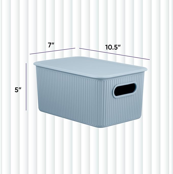 Superio Ribbed Collection - Decorative Plastic Basket Open Home Storage Bins Organizer, Blue Container Boxes for Organizing Closet Storage Bins for Shelves (Bin with Lid- Medium (5 Liter), 2 Pack)