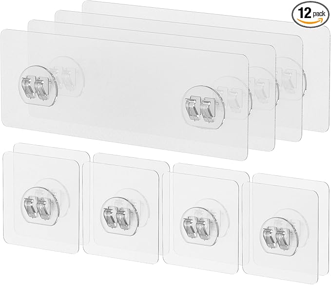 Uniclife 12 Pcs Shower Caddy Adhesive Hooks,Strong Shower Hooks, Caddy Adhesive Replacement, Transparent Bathing Sticky Strips for Bathroom Storage Shelves, Kitchen Racks and Baskets
