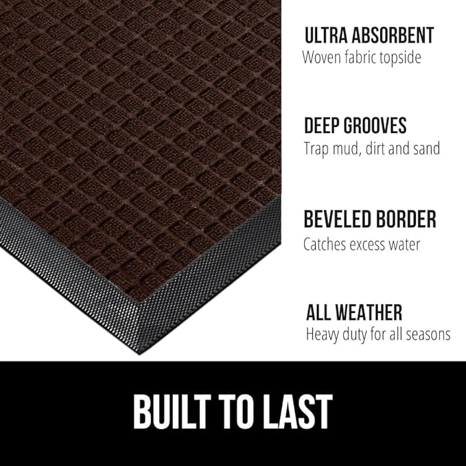 GORILLA GRIP 100% Waterproof All-Season WeatherMax Doormat 35x23, US Designed Natural Rubber, Stain and Fade Resistant, Low Profile Indoor Outdoor Door Mats, Easy Clean Patio Mat, Coffee Squares