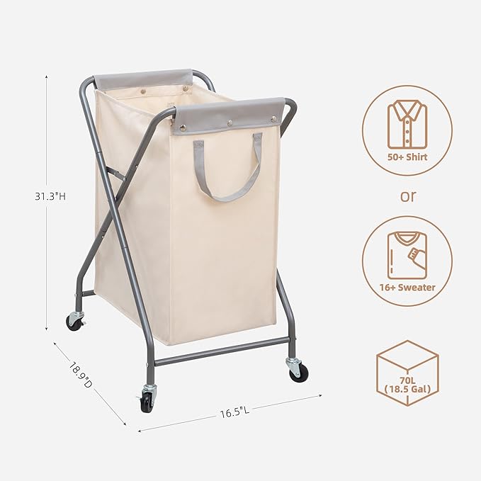 STORAGE MANIAC Collapsible Laundry Hamper with Wheels, Rolling Laundry Basket, Heavy Duty Cloth Sorter with Removable Bag, Folding X Frame Clothes Organizer Cart for Easy to Store, 1 Section
