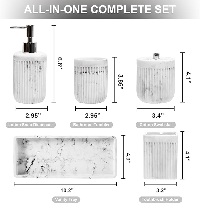 Resin White Marble Bathroom Accessories Set 5 Pcs, Lotion Soap Dispenser, Toothbrush Holder, Bathroom Tumbler, Qtip Holder and Vanity Tray, Bathroom Countertop Organizer Set for Home Apartment