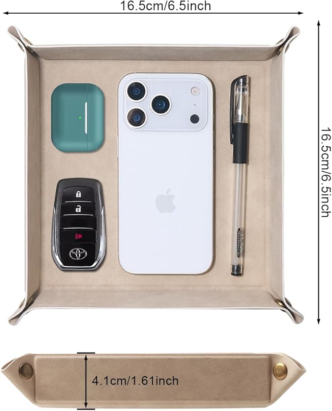 WAYIFON Valet Tray Desktop Storage Organizer – Premium PU Leather Catchall Bedside Vanity Tray Nightstand Caddy Holder for Remote Controller, Keys, Phone, Wallet, Coin, Jewelry,Apricot