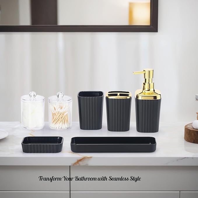 Black Bathroom Accessories Set,9 Piece Black Bathroom Accessory Set with Toothbrush Holder, Trash Can, Lotion Soap Dispenser, Toothbrush Cup, Vanity Tray, Soap Dish, Toilet Brush, Qtip Holder