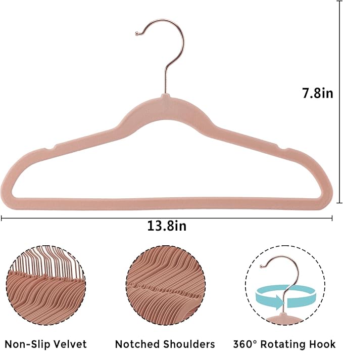 14 Inch Velvet Kids Hangers - 50 Pack Durable & Non-Slip Closet Organizers for Big Kids & School-Age Children, 0.2" Ultra Slim Space-Saving Design with 10 Clips Hanger - Pink