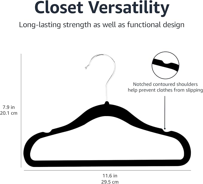 Amazon Basics Kids Velvet, Non-Slip Clothes Hangers for Infant and Toddler, 11.6 in (for baby clothes), Pack of 50, Black