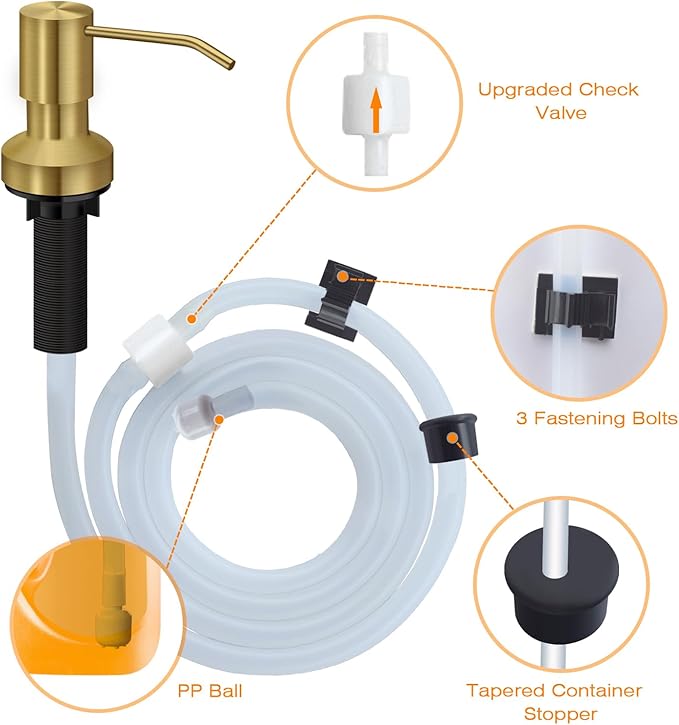 Sink Soap Dispenser for Kitchen Sink, Countertop Built in Sink Soap Dispenser with 47”Extension Tube kit, No Need to Fill The Little Bottle Again (Golden)