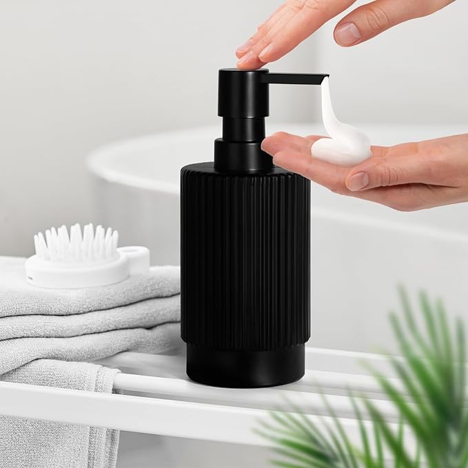 Black Soap Dispenser, 11 fl oz Hand Soap Dispensers for Bathroom, Matte Black Ribbed Glass Dish Soap Dispenser for Kitchen with Pump, Modern Refillable Liquid Soap Pump Bottle