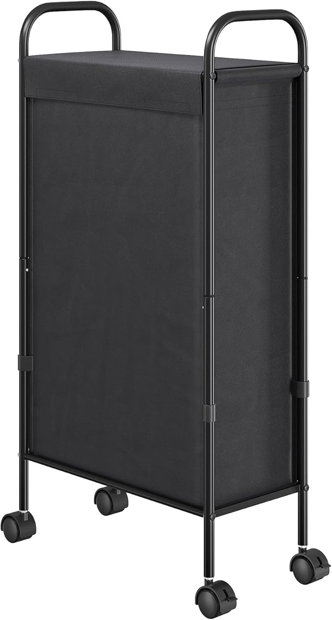 ELYKEN Slim Laundry Hamper with Lid, 50L Small Rolling Laundry Basket on Wheels, 7.9” Narrow Dirty Cloth Cart with Removable Inner Bag for Small Bathroom, Bedroom, Black