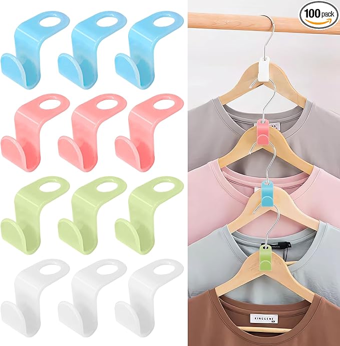 100 PCS Hanger Connector Hooks, Space Saving Cascading Hanger Hooks for Closet Organization, Heavy Duty Plastic Hanger Clips, Blue White Pink Green