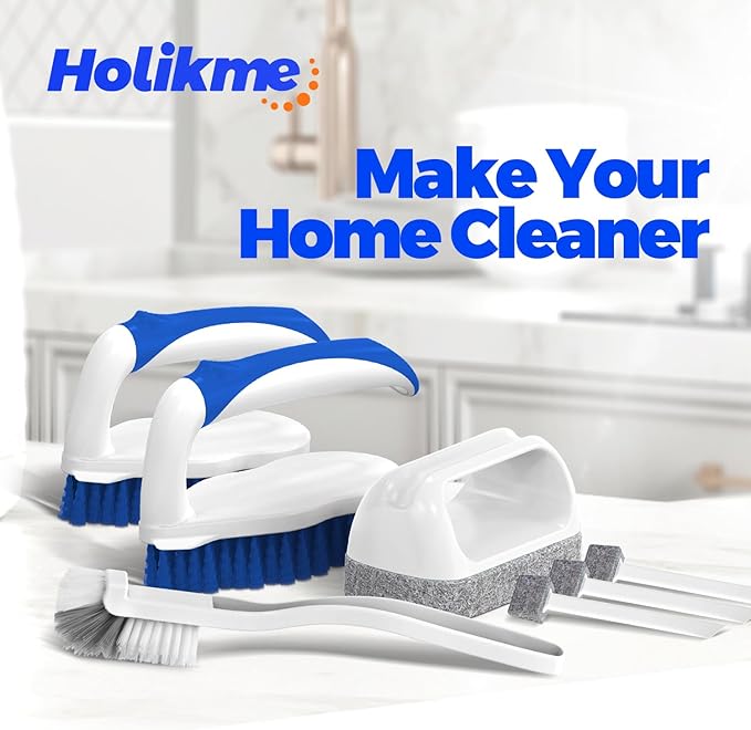Holikme 7 Pack Deep Cleaning Brush Set, Scrub Brush, Grout Brush, Pool Brush, Scrub Pads with Scraper Tip Scouring Pads, for Pool Walls, Bathroom, Floor, Tub, Shower and Kitchen Surface (Blue)