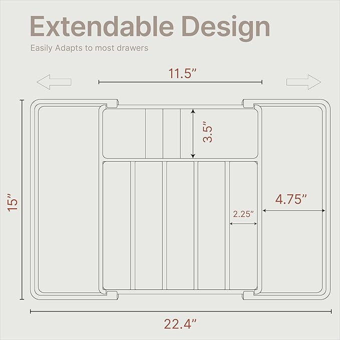 Gray Expandable Utensil Drawer Organizer 2 Pack, Adjustable 13” to 22.4”, 8 Compartment Silverware Organizer for Kitchen Utensils, Spatulas, Cutlery, and Tools, Easy to Clean, Durable, and BPA-Free
