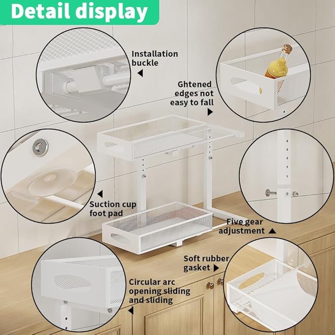 Under Sink Organizer 2 Tier, Pull Out Cabinet Storage with 5-Level Adjustable Height, Thickened Carbon Steel Sliding Under Cabinet Shelf for Kitchen, Bathroom, Laundry Room, White, 2-Pack
