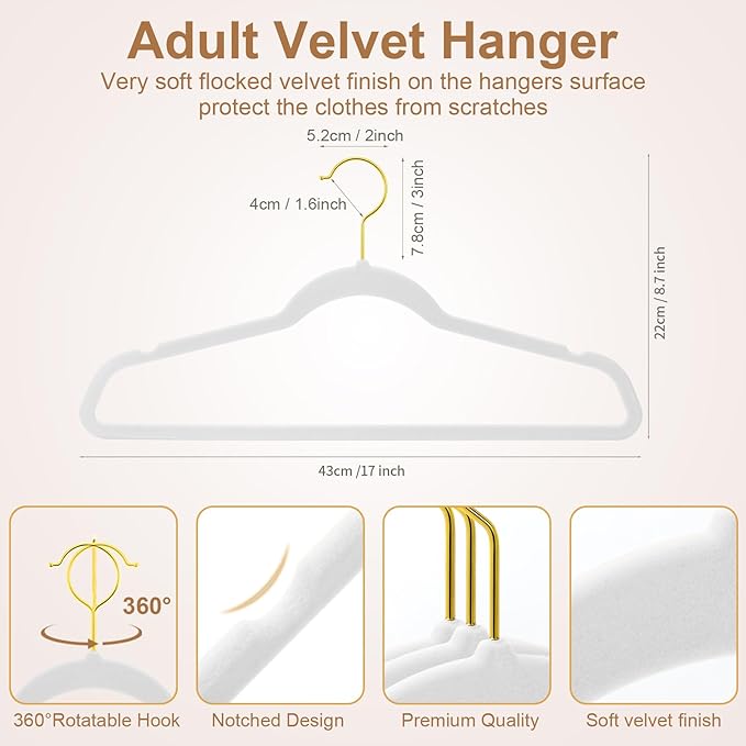 TIMMY 36-Pack Velvet Hangers with Gold Hooks - Space-Saving Non-Slip Heavy-Duty Clothes Hangers for Coats, Suits, Dresses, and Sweaters - Slim Design(White+Gold) (White+Gold, 17inch-36pack)