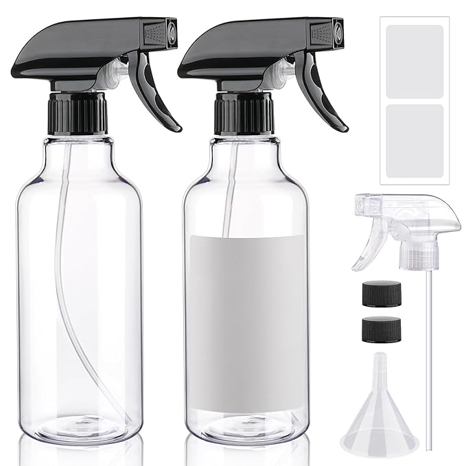 Plastic Spray Bottle 16.9oz Empty Spray Bottles Refillable Container Trigger Sprayer for Cleaning Solutions, Water, Plants, Pet, Essential Oils, Hair, 2 Pack (BlackClear)