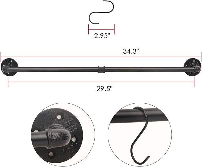 34.3 inch Industrial Pipe Pot Bar Rack with 15 S Hooks Rustic Iron Pots and Pans Hanging Rail Pipe Towel Holder Wall Mounted Detachable Kitchen Utensil Pan Lid Organizer Black