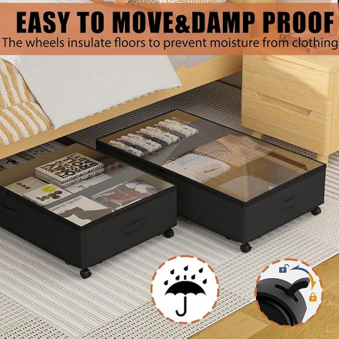 2 Pack Under Bed Storage Rolling Metal Frame Underbed Containers with Wheels Lid Visiable Window Storage Bag Box Organizer Home Closet Organization Drawer Bins for Clothes Shoes Toys Blanketss Black