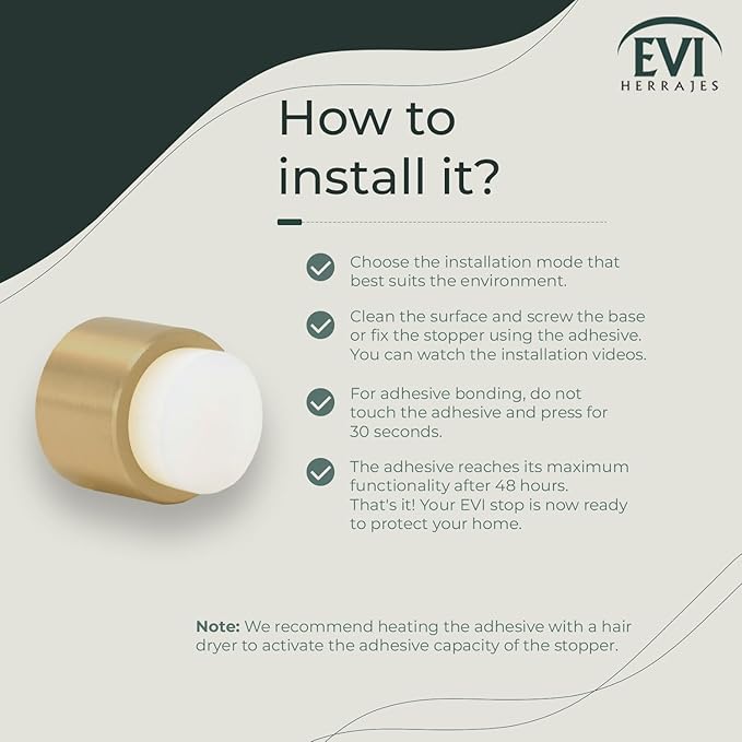 EVI | Wall Adhesive Doorstop | 1.1'' X 1.1'' | White Rubber | Brass Finished Matte | Great Adherence | 100% Functional | Mod. 198/28