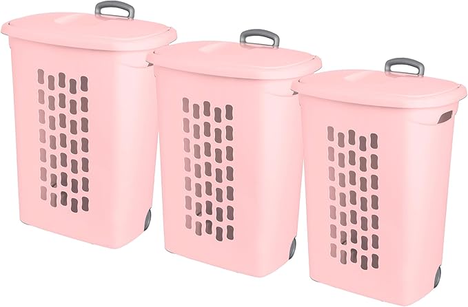Sterilite 3 Pack Ultra Wheeled Hamper, Plastic Laundry Basket Clothes Bin with Wheels, Flip Top Lid and Retractable Handle, Pink Frost