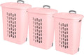 Sterilite 3 Pack Ultra Wheeled Hamper, Plastic Laundry Basket Clothes Bin with Wheels, Flip Top Lid and Retractable Handle, Pink Frost