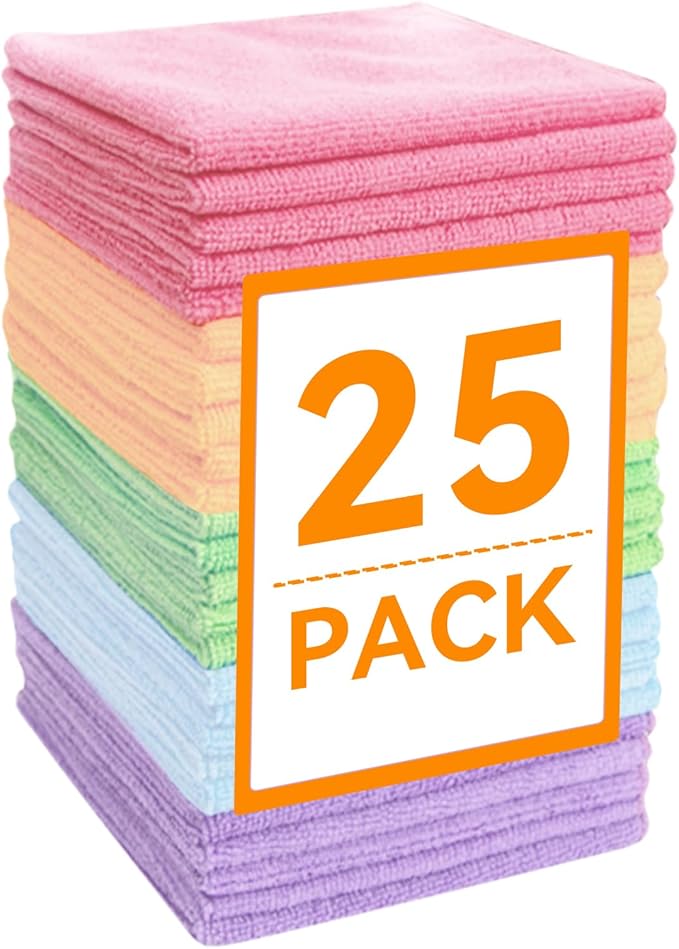 Microfiber Cleaning Cloths-25 Pack, Bulk Towels for Home, Reusable Microfiber Towels for Cars, Cleaning Rags, 5 Colors Assorted(12x12 inches)