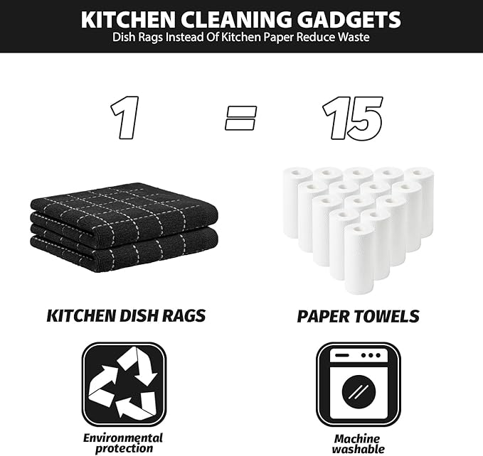 Nialnant 6 Pack Dish Cloths for Washing Dishes, 100% Cotton Reusable Cleaning Rag,Ultra Soft Absorbent, Quick Drying Dish Towels for Kitchen,12x12 Inches Black
