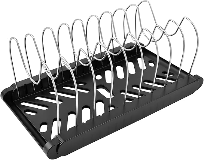 Pot and Pan Organizer, Expandable Pan Organizer for Cabinet, Pot Lid Holder with 10 Adjustable Compartments for Kitchen Cabinet Cookware Baking Frying Rack(Black)