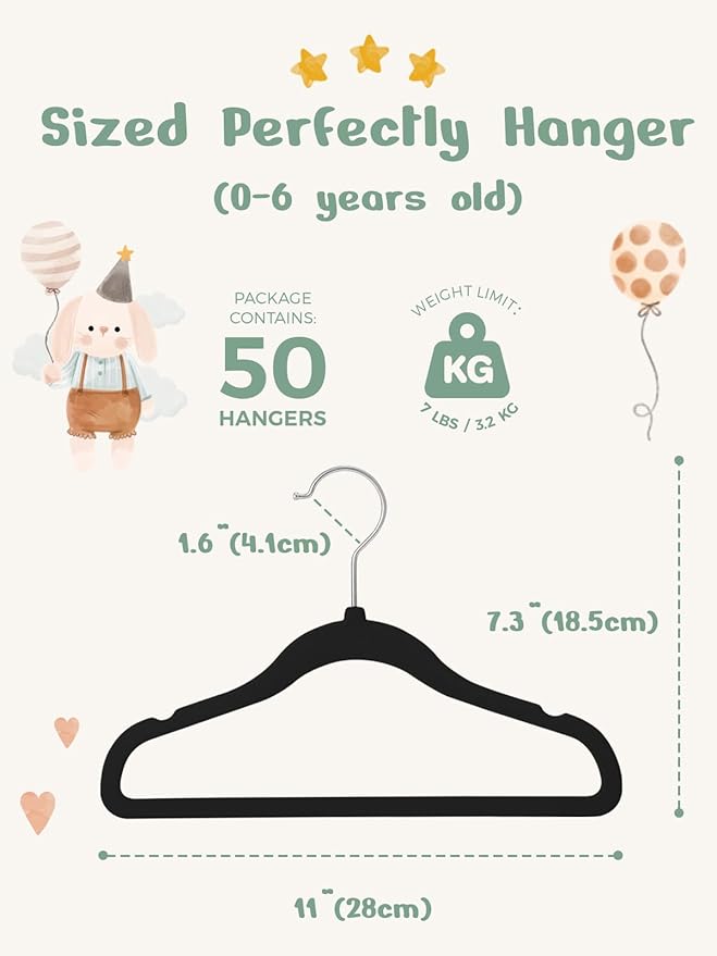 HOUSE DAY 11 Inch Velvet Baby Hangers 50 Pack Black, Premium Kids Hangers for Children/Infant/Toddler Clothes, Durable Non Slip Small Baby Felt Hanger for Closet, Ideal for Everyday Use