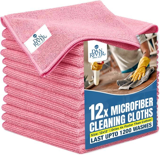 DAN RIVER 12-Pack Pink Microfiber Towels – Ultra Absorbent, Lint-Free & Streak-Free Kitchen Cleaning Cloths for Home, Car & Kitchen - Must-Have Cleaning Essentials - 12" x 12"