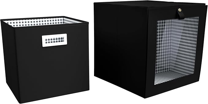 Martha Stewart Essential Collapsible Stackable Decorative Home Storage Cube Organization, Two Piece Set Includes One Front Flap-Lid Storage Organizer and One Craft Cube, Black