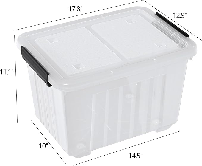 Ewingger 30 L Plastic Storage Bins with Wheels, Clear Latching Box with Lid, 4-Pack