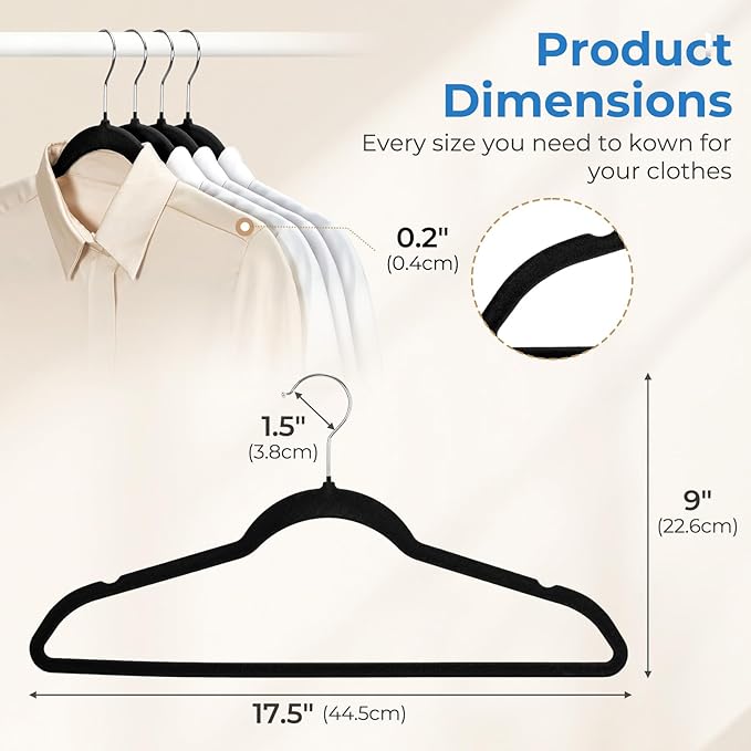 Smartor Black Velvet Hangers 50 Pack, Non Slip Clothes Hangers with Shoulder Notches, Premium Slim Space Saving Felt Hanger for Closet Organizers and Storage, Heavy Duty Hanger for Coat