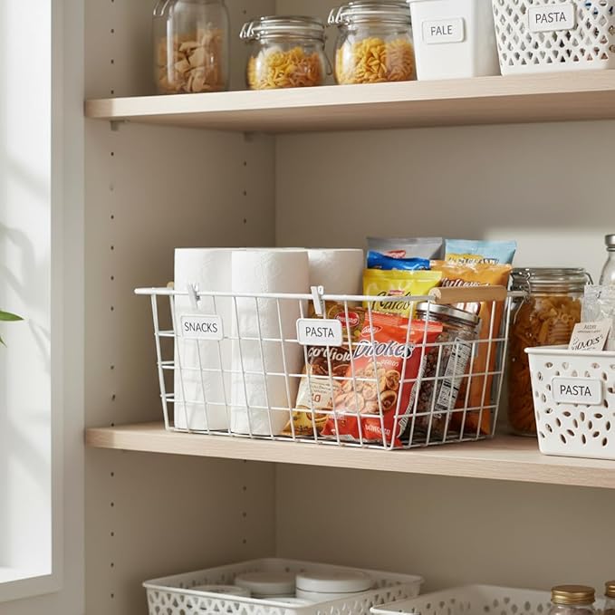 Metal Wire Food Storage Basket Organizer with Wooden Handles for Organizing Kitchen Cabinets 6 Pack (White, Medium)