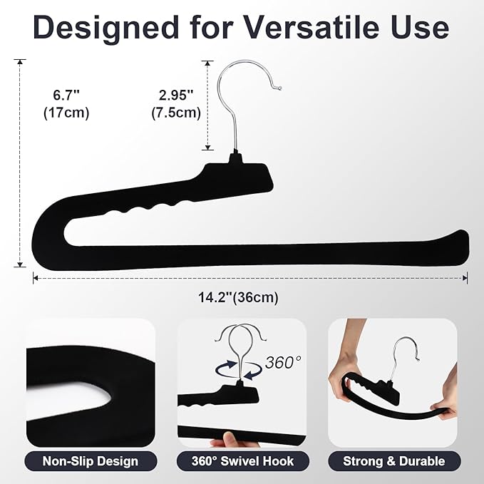 Velvet Pants Hangers - 32 Pack Black Non Slip Open Ended Hanger with 360 Swivel Hook - Closet Space Saving Hanger for Heavy Pants, Jeans, Trousers, Scarf