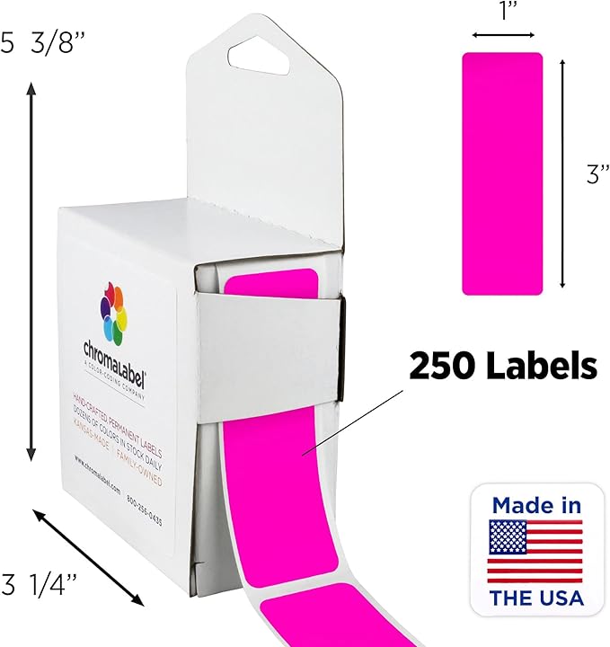 ChromaLabel 1 x 3 Inch All Purpose Permanent Color Code Rectangle Labels, 250 Labels per Dispenser Box, Fluorescent Pink