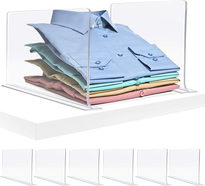Sorbus Acrylic Adhesive Shelf Divider Organizers, w/Self Adhesive Tape, Great for Closet Organization, Clothes, Linens, Purse Separators, Kitchen Cabinets, Bedroom, 6-Pack, Clear (11x1x8)
