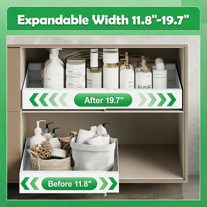 2-Pack Pull-Out Cabinet Organizer with Expandable - Spice Rack Organizer for Cabinet & Slide-Out Drawers for Kitchen Cabinets，Adjustable Width 11.8"-19.7" White
