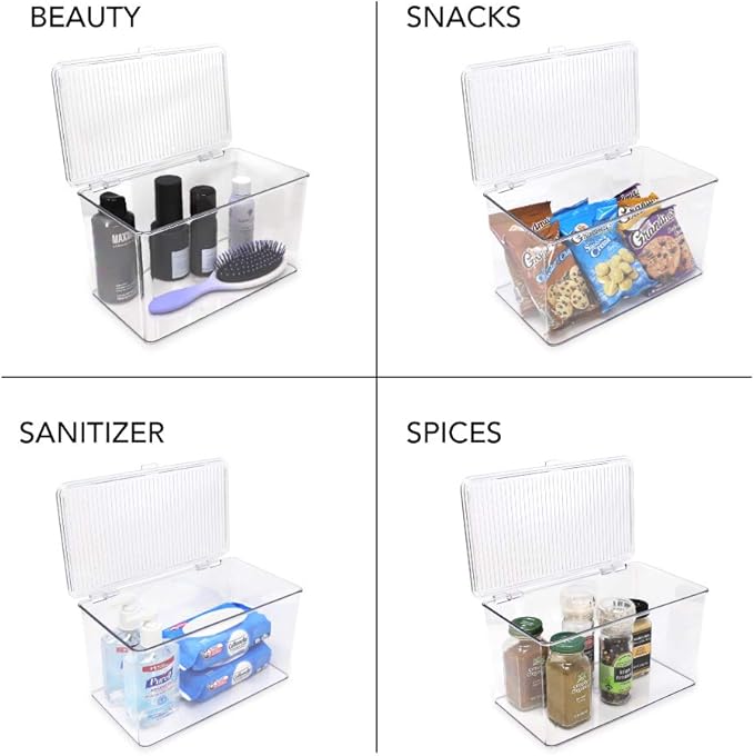 Isaac Jacobs Large Stackable Organizer Bin (10.75” x 6.5” x 6.1”) w Hinged Lid Clear Storage Box Home Office School Fridge Bathroom Kitchen Pantry Container BPAFree Food Safe (Large Clear) (Pack of 2)