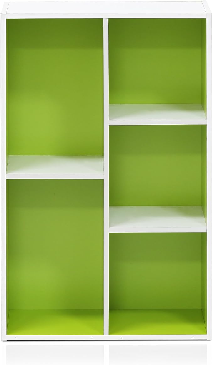 Furinno LUDER Book Shelf, 5-Cube Bookshelf, Reversible Bookcase, 9.4 x 19.5 x 31.5, for Living Room, Bedroom, Home Office, White/Green