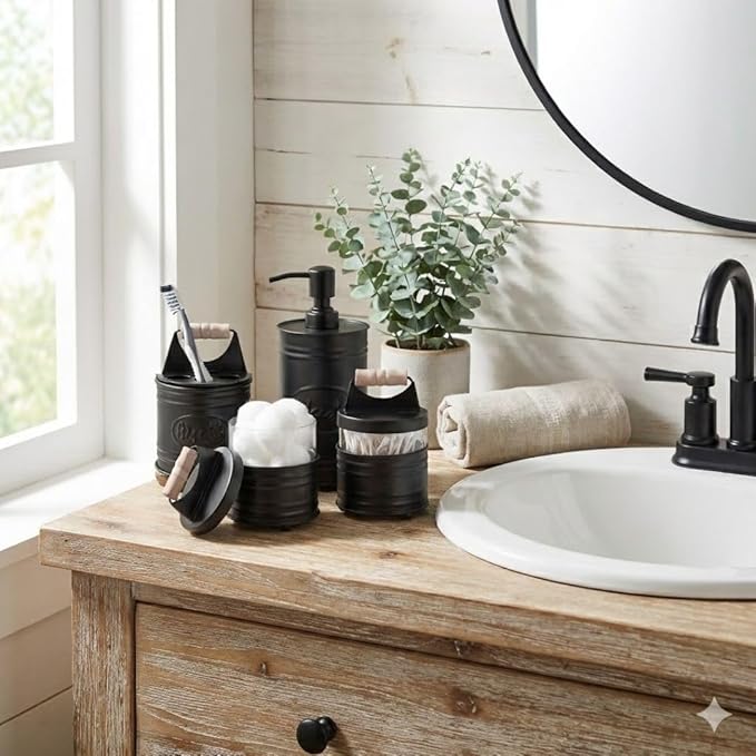 Autumn Alley Rustic Bathroom Accessories Set Black Farmhouse Soap Dispenser, Matte Black Toothbrush Holder, 2 Apothecary Jars Qtip Holder Glass - Rustic Bathroom Decor, Farmhouse Bathroom Accessories