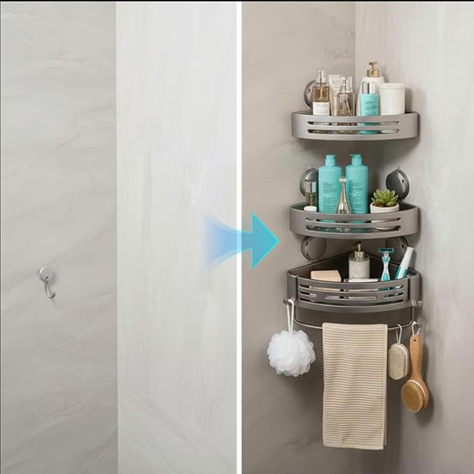 Xarewx Triangle Suction Cup Shower Caddy, No-Drill Bathroom Corner Shelf, 2-Tier Bathroom Organizer with Hooks & Towel Bar, Rust-Resistant, Heavy Duty Shower Corner Rack for Smooth Surfaces (Normal)