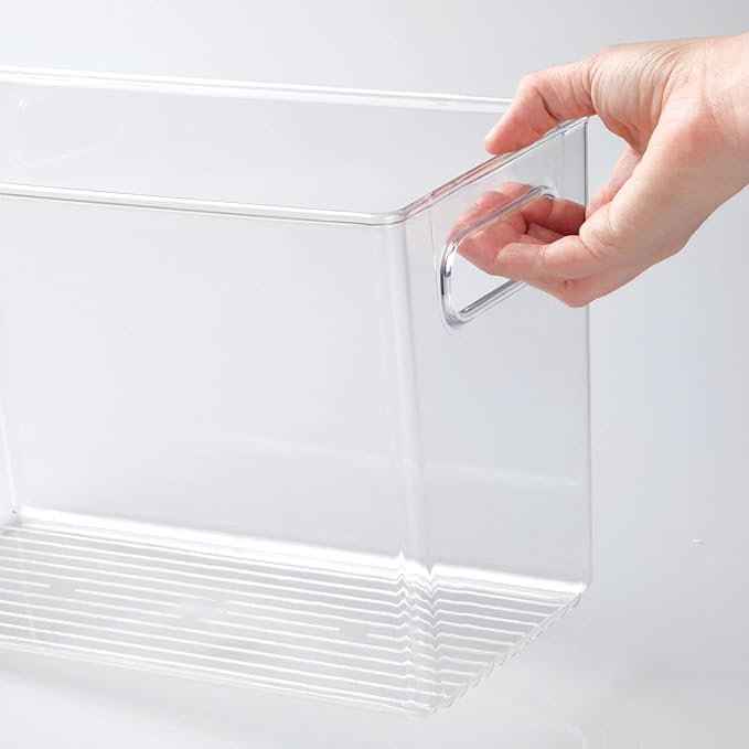 mDesign Plastic Modern Kitchen, Pantry Food Storage Container Bin w/ Handles - Cabinet, Fridge/Freezer, Countertop Organizer - Snacks/Drink/Appliances; Ligne Collection, Clear, 12x6x7.75 (Pack of 1)