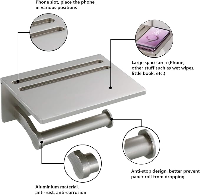 Toilet Paper Holder with Shelf, Aluminum Tissue Roll Holder with Mobile Phone Storage Shelf for Modern Bathroom, 3M Self Adhesive No Drilling or Wall-Mounted with Screws, Brushed Nickel