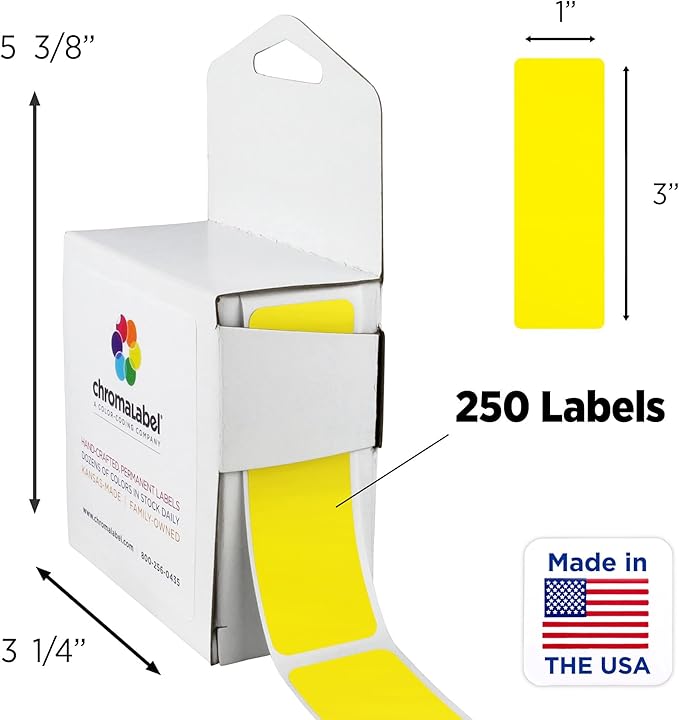ChromaLabel 1 x 3 Inch All Purpose Permanent Color Code Rectangle Labels, 250 Labels per Dispenser Box, Yellow