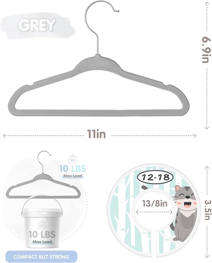 VIS'V Baby Hangers, 11 Inch Velvet Kids Hangers with 6 Pcs Clothes Size Dividers, Infant Toddler Nursery Closet Organization, Non Slip, Gray, 30 Pcs