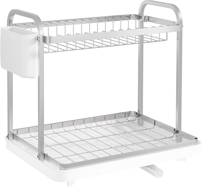 2-Tier Dish Drying Rack - Stainless Steel Dish Rack with Cutlery & Utensil Holders for Kitchen Counter, Sink Organization and Storage for Small Family, 15" W x 11.4" L x 15" H, White