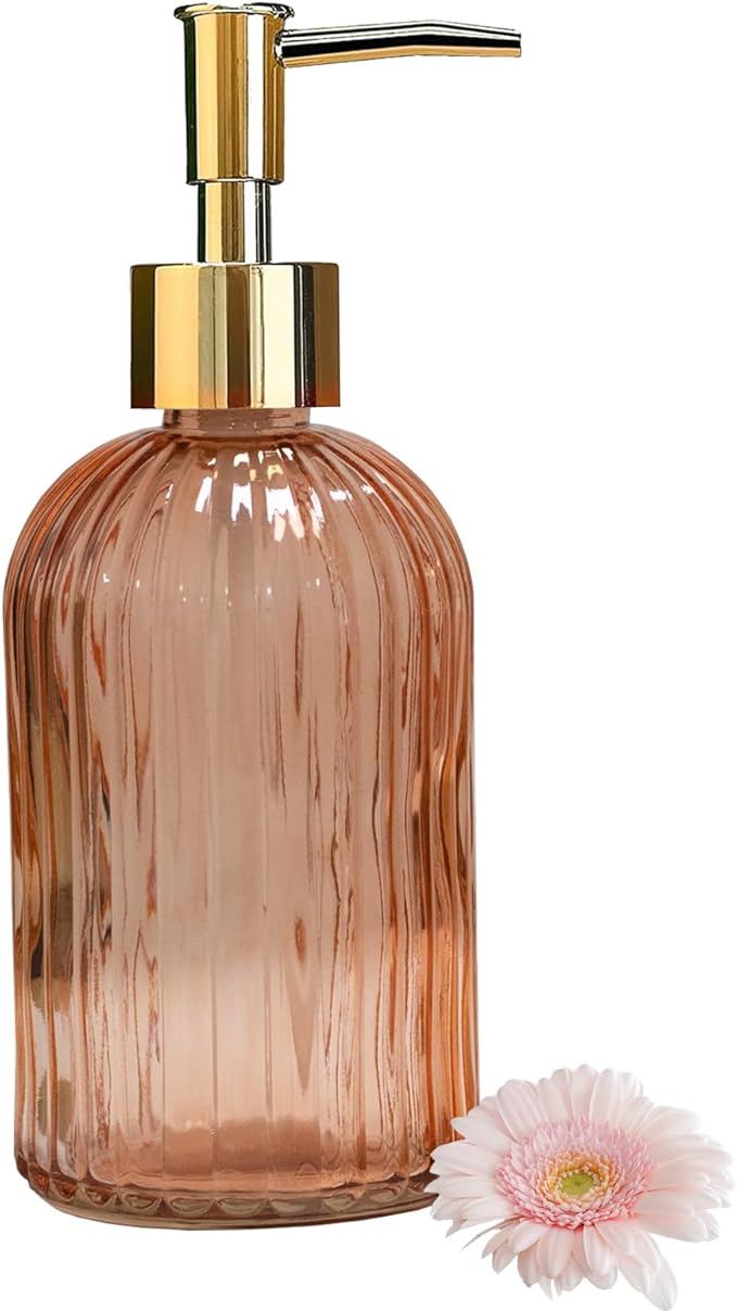 Glass Soap Dispenser with Gold Plastic Pump, 13.5oz Refillable Liquid Hand Soap Dispenser, Crystal Lotion Bottle for Modern Home Decor, Bathroom, Kitchen Countertop, Hotel(Orange)