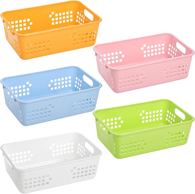 Jucoan 10 Pack Plastic Storage Baskets, 10.5 x 7 x 3.5 Inch Colorful Classroom Storage Organizer Baskets Trays with Grip Handles for Desktop, Drawer, School Supplies,5 Colors